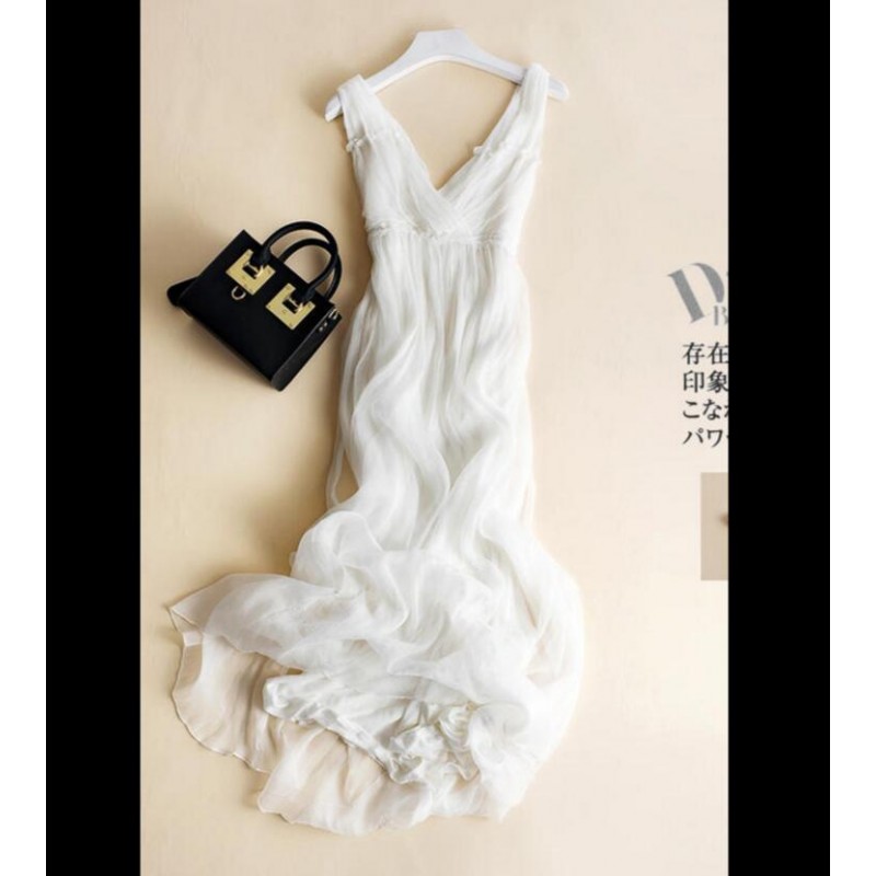 Pure Silk Beach Dress  Green White Long Women Summer Clothing